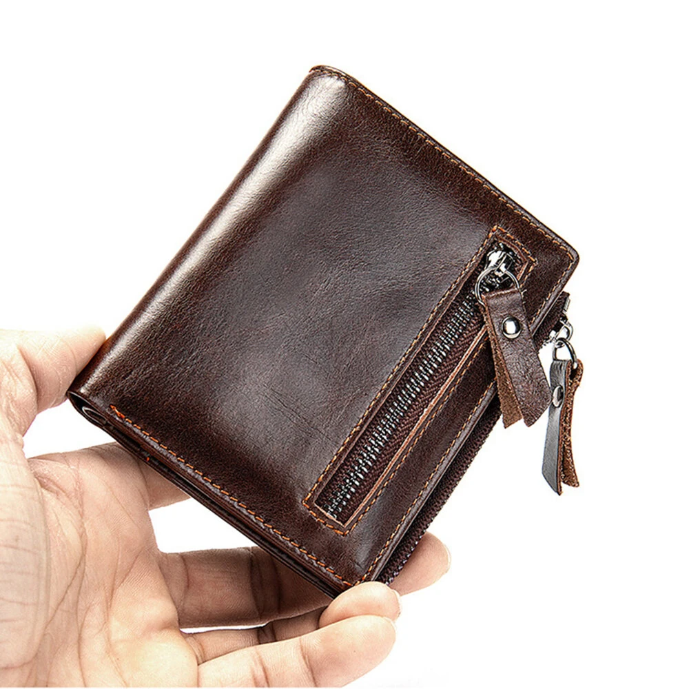 (image for) Ekphero Genuine Leather Mens Wallet Man Zipper Short Small Coin Purse Male Rfid Anti-theft Swipe Card Purse Multicard Slot ID Credit Holder